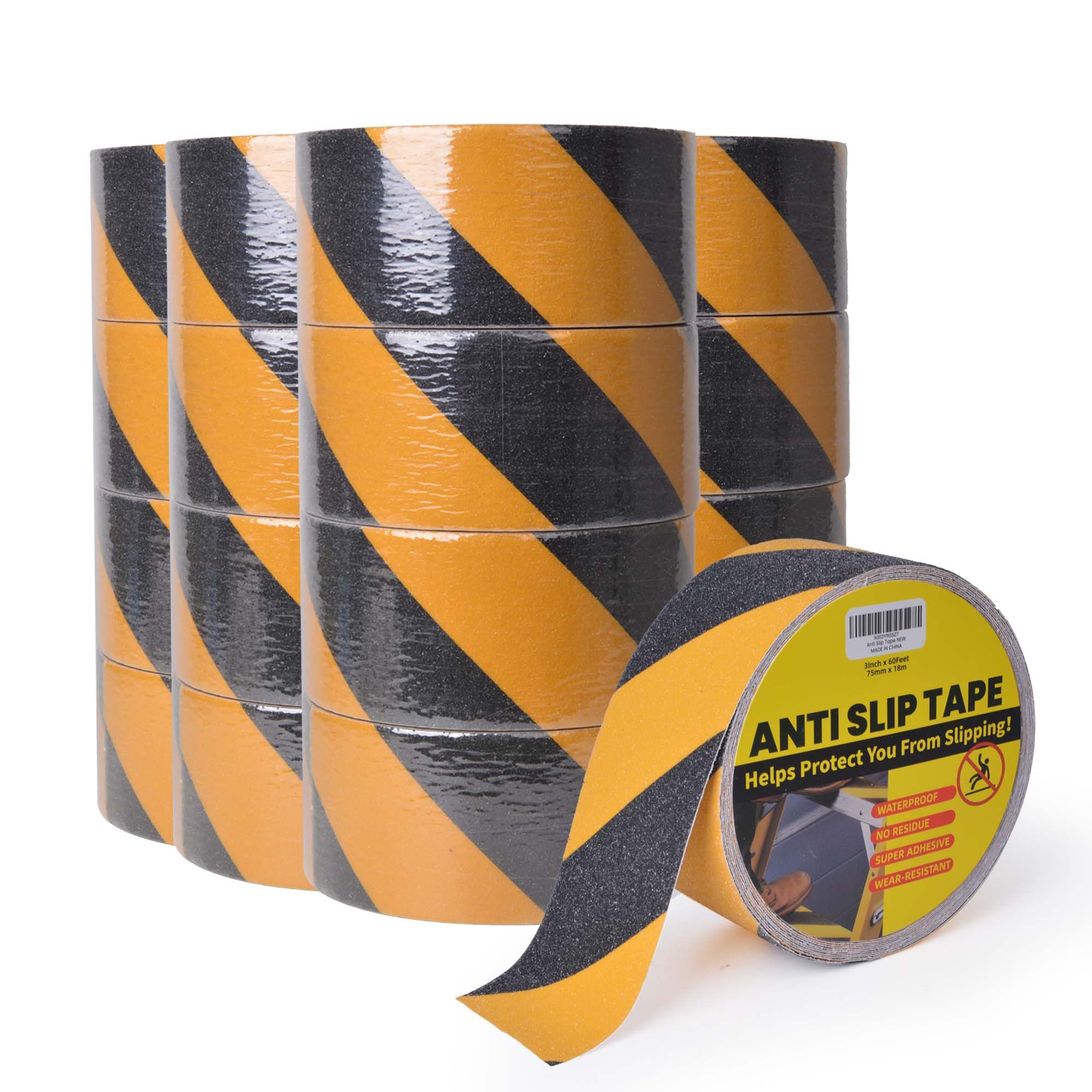 TAPEBEAR Anti Slip Tape Black And Yellow, 16 Rolls Hazard Safety Tape, Non Slip Caution Tape Roll, Nonslip Warning Floor Tape For Indoor Outdoor Steps Stairs, Strong Grip, 3inch X 60feet(75mmx18m)