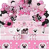 312 PCS Pink Mouse Birthday Decorations Serves 24 Guests Mouse Theme Party Decorations Include Balloons, Backdrop, Tablecloth, Cake Topper, Paper Plates and More Party Supplies for Girls