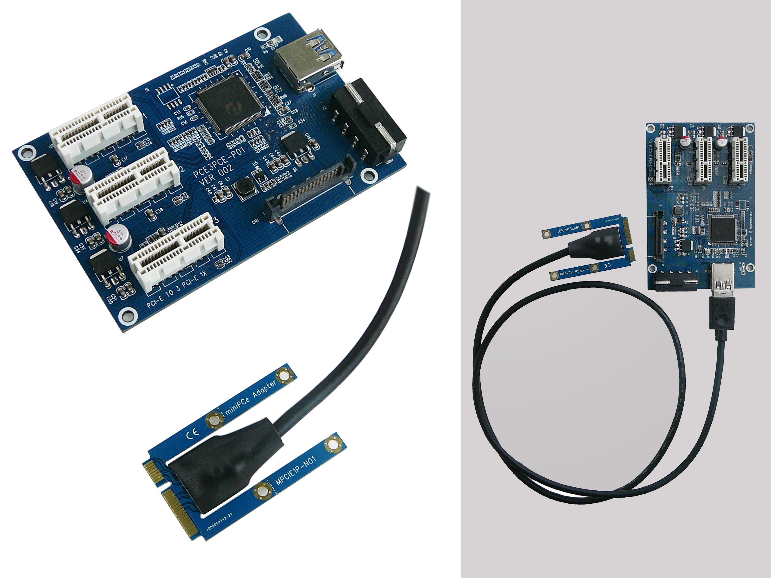 KALEA-INFORMATIQUE Extension riser adapter for Mini PCIe port to 3 PCI express ports, with 1m cable.
