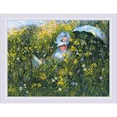 RIOLIS 1850 in the Meadow After C. Monet's Painting Cross Stitch Kit | 15.75 x 11.81 in, 14 ct white Zweigart Aida, 28 wool/acrylic colors, intermediate level, chart &amp; needle included