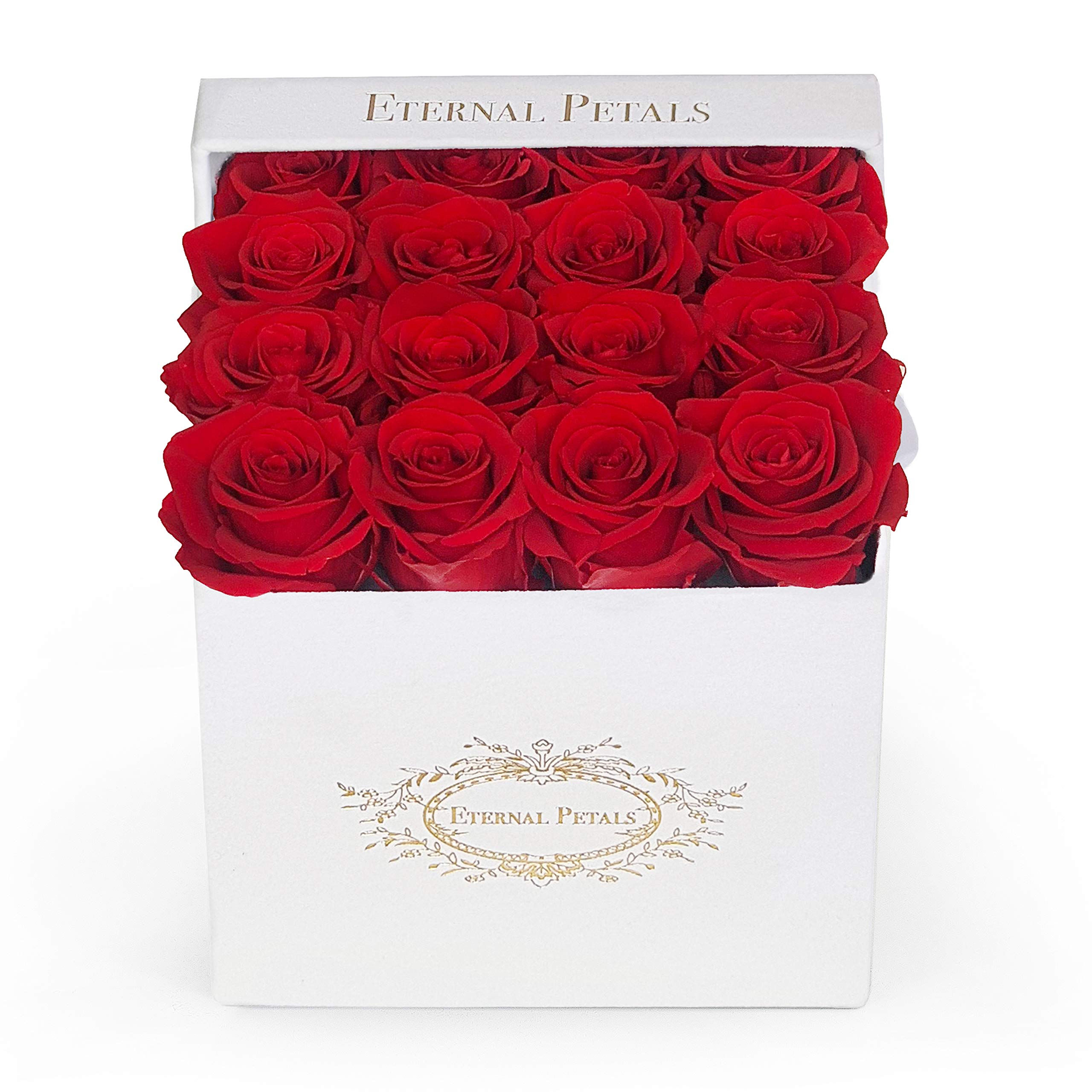 Eternal Petals A 100% Real Roses That Last Years, Handmade in UK – 16 roses, Square White Flower Box (Red)