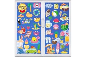 AUZESTO 63 Pieces Summer Window Clings, Double Sided Summer Pool Beach Theme Window Stickers Summer Window Decorations Hello Summer Window Decals for School Home Office Summer Party Decorations