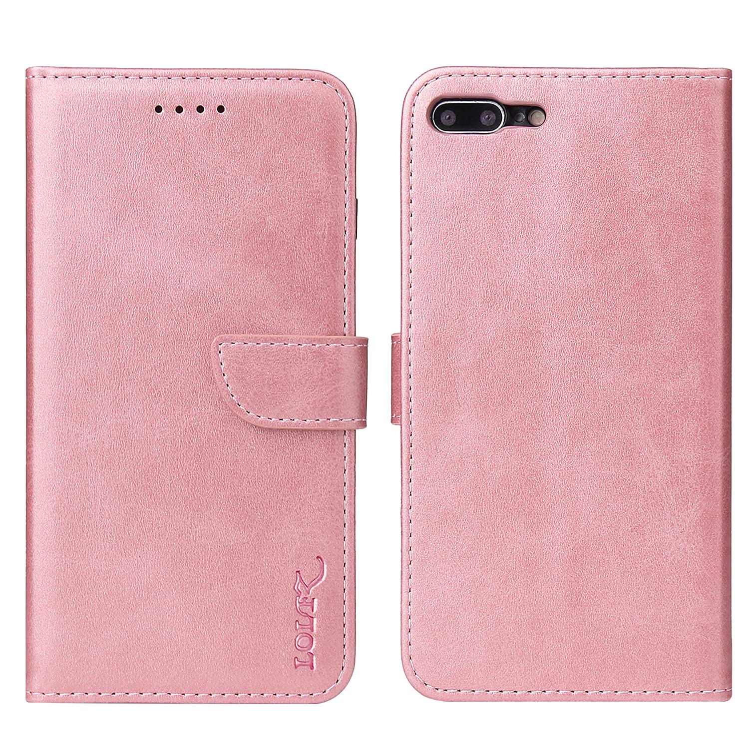 LOLFZ Wallet Case for iPhone 7 Plus 8 Plus, Vintage Leather Book Case with Card Holder Kickstand Magnetic Closure Flip Case Cover - Rose Gold