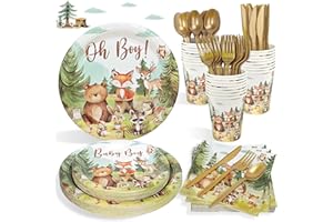 CAISEHABU Woodland Baby Shower Decorations Plates Set 25 Guests,175 Pcs Baby Boy Woodland Forest Animals Mountain Wilderness Theme Paper Plates Napkins Cups Cutlery Tableware Decor