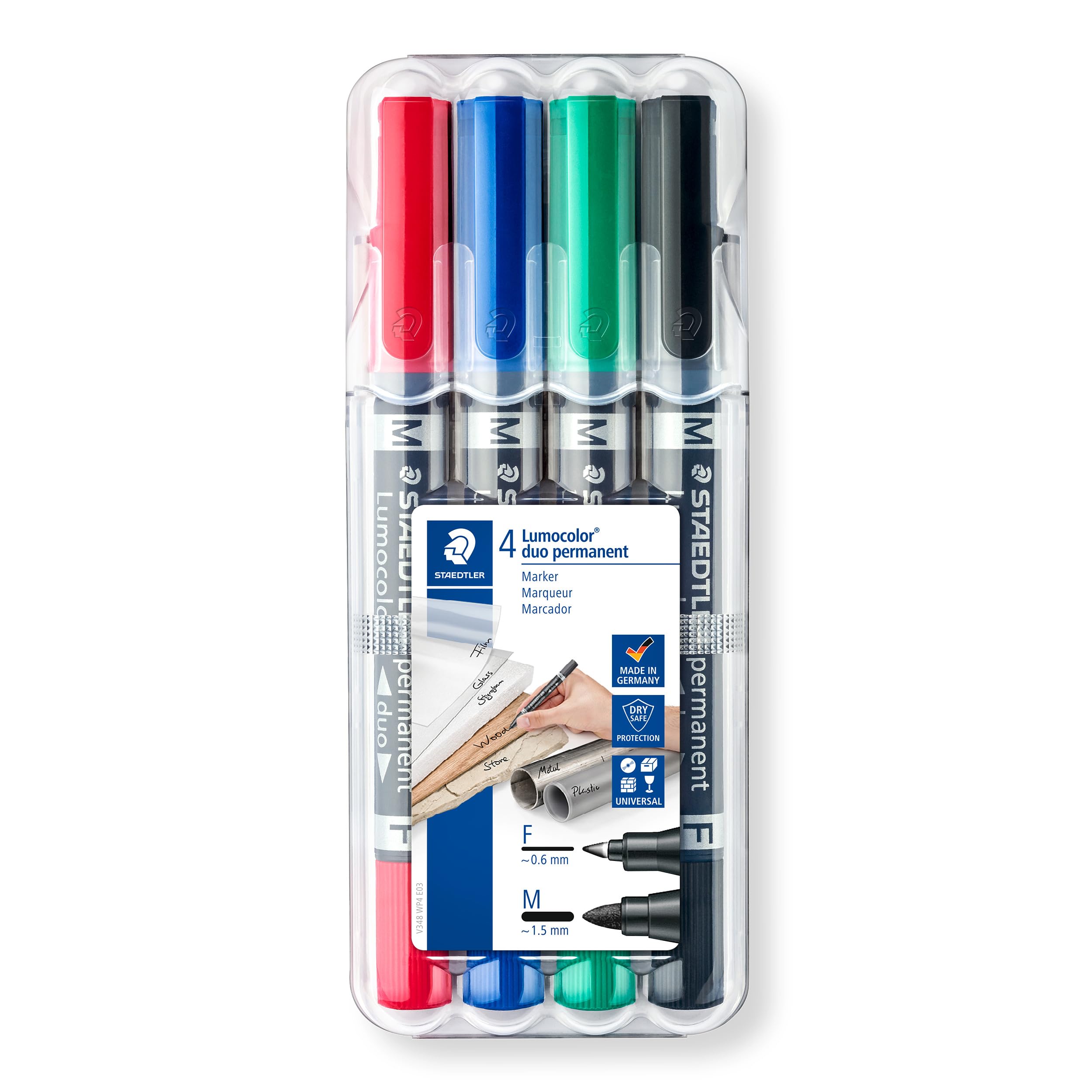 STAEDTLER 348 WP4 Lumocolor Permanent Duo Double-Ended Marker Pen, Fine & Medium Line Width - Assorted Colours (Pack of 4)