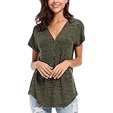 LUSMAY Women's Casual Zipper V Neck Short Sleeve Tunic Tops Loose Fitting T Shirts Blouse