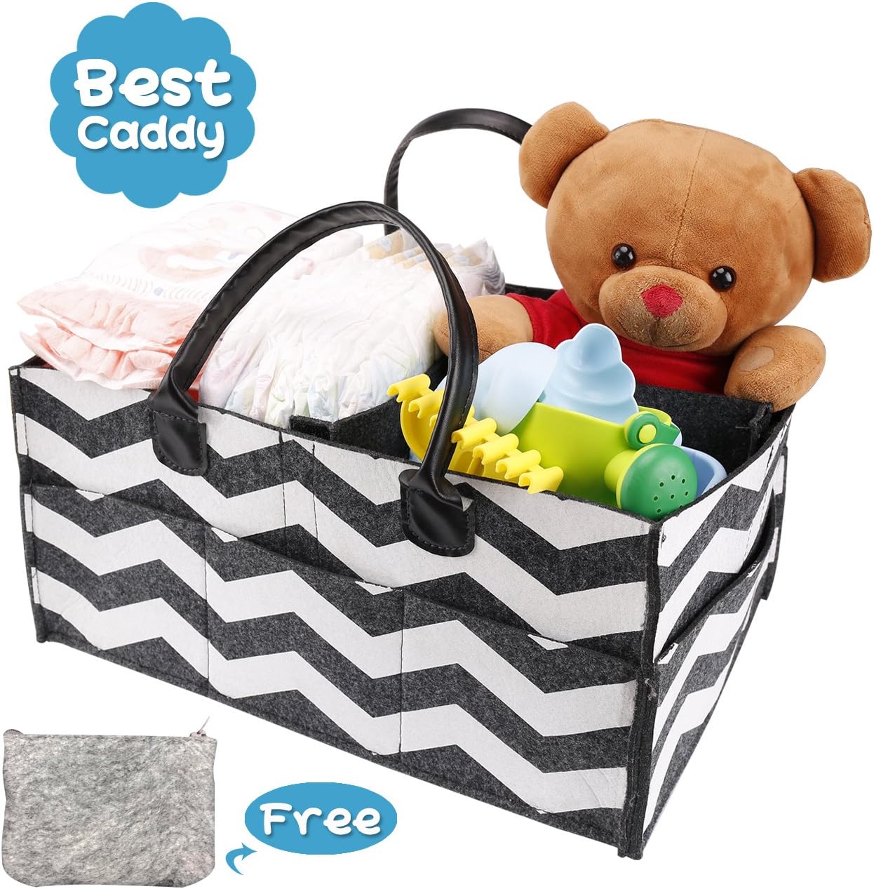 Emitter Baby Diaper Caddy, Portable Diaper Caddy Organizer for Changing Table Nursery Storage Bin with PU Leather Handle Newborn Basket for Boys Girls Travel Car Organizer for Wipes Toys