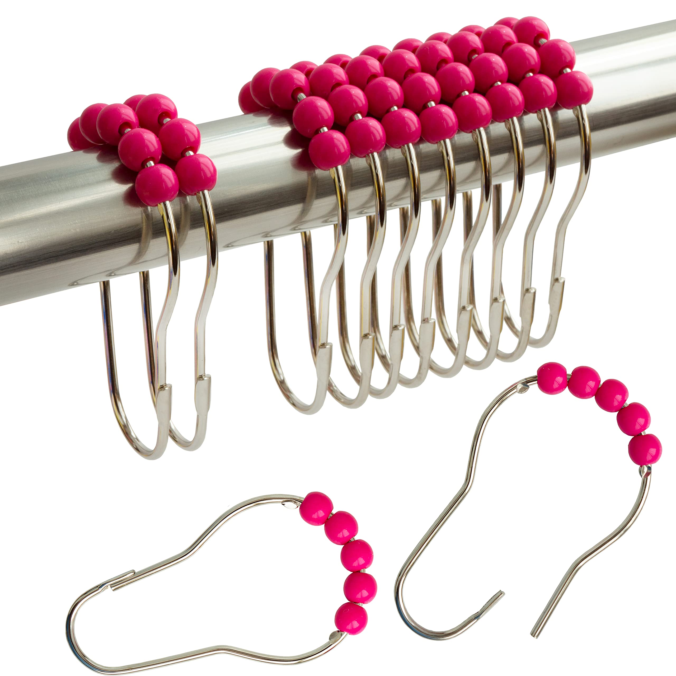 Shower Curtain Hooks Rings Stainless Steel Shower Hooks Acrylic roller Balls Rustproof Heavy Duty for Bathroom Curtain(Magenta)