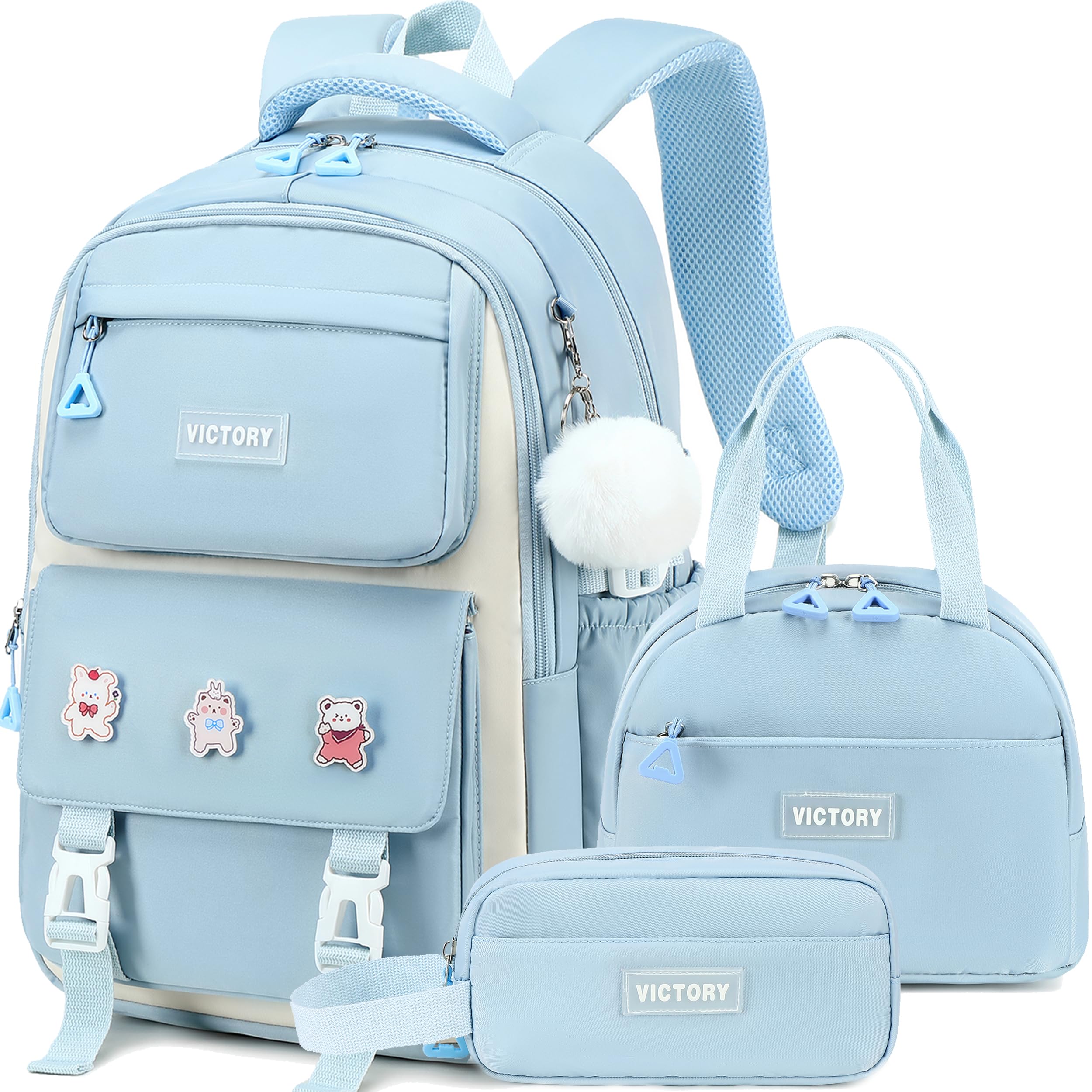 Photo 1 of AO ALI VICTORY Backpack for Girls 3 PCS Cute School Backpacks Elementary Kids Book Bag with Lunch Box Pencil Case Set Laptop College Travel Back Pack Large Bookbags for Girl Teens Women Student Blue
