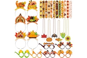 QICI 30 Pcs Thanksgiving Party Favors Set Thanksgiving Fall Party Gifts Slap Bracelets Headband Glasses Beaded Necklaces Pumpkin Turkey Accessories for Autumn Party Photo Props Decorations