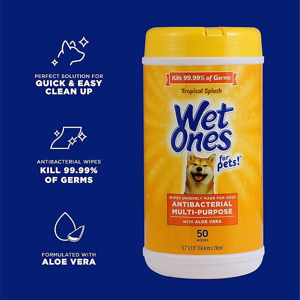 WET ONES FOR PETS ANTIBACTERIAL DOG WIPES, MULTI-PURPOSE GROOMING WIPES WITH ALOE VERA FOR PAWS, FACE & BODY, EASY CLEANUPS BETWEEN BATHS, TROPICAL SPLASH SCENT, 5.7 IN X 7.5 IN, 50 COUNT