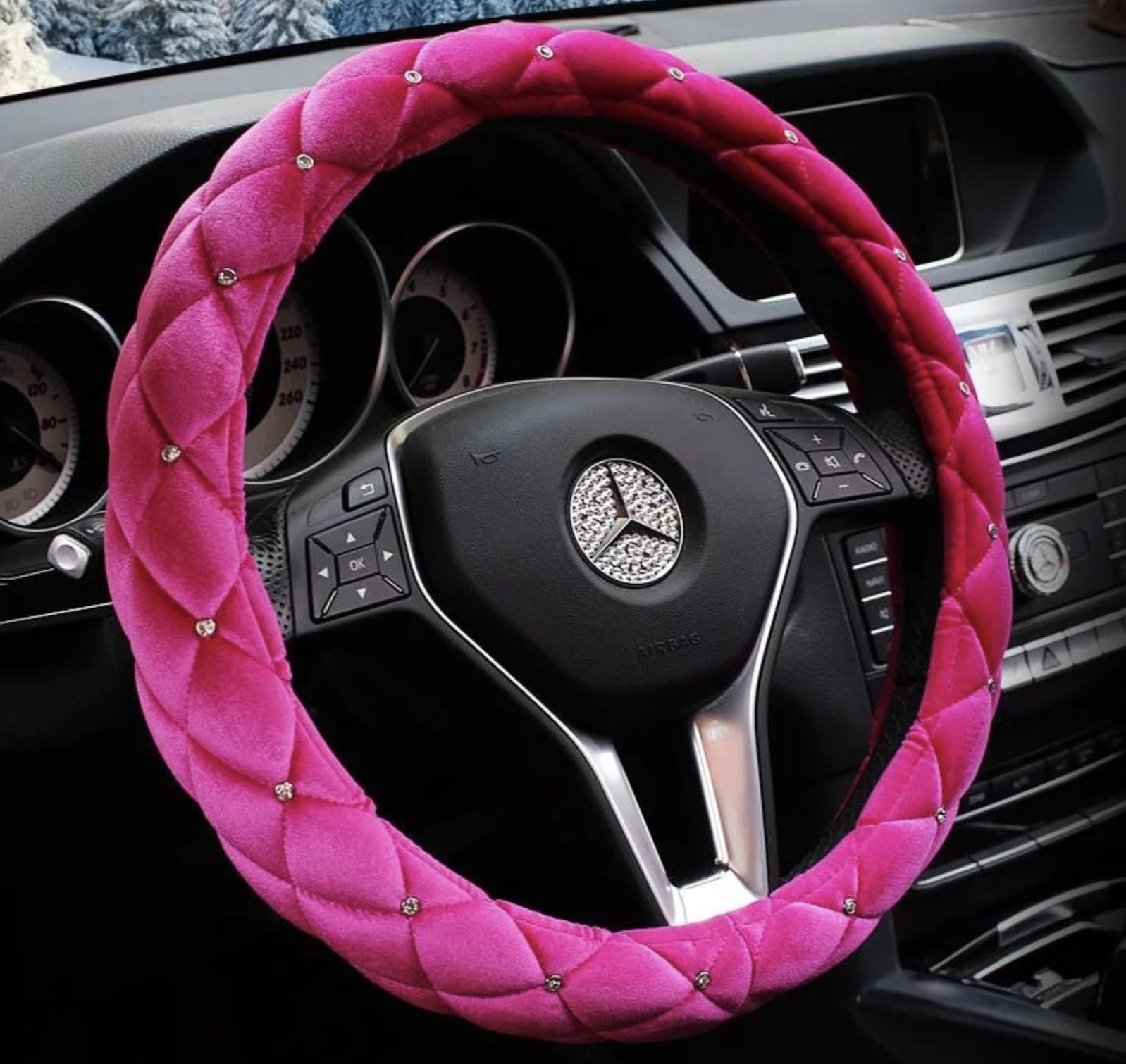 Hot Pink Color Winter Short Plush Car Steering Wheel Cover Crystal Rhinestone Auto Fur Steering-Wheel Covers Cases Universal Size 15”