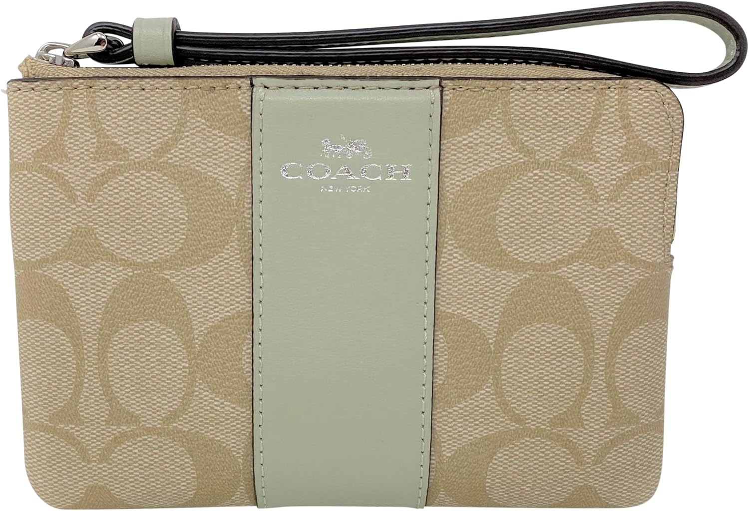 Coach Corner Zip Wristlet In Signature Coated Canvas With Pale Green