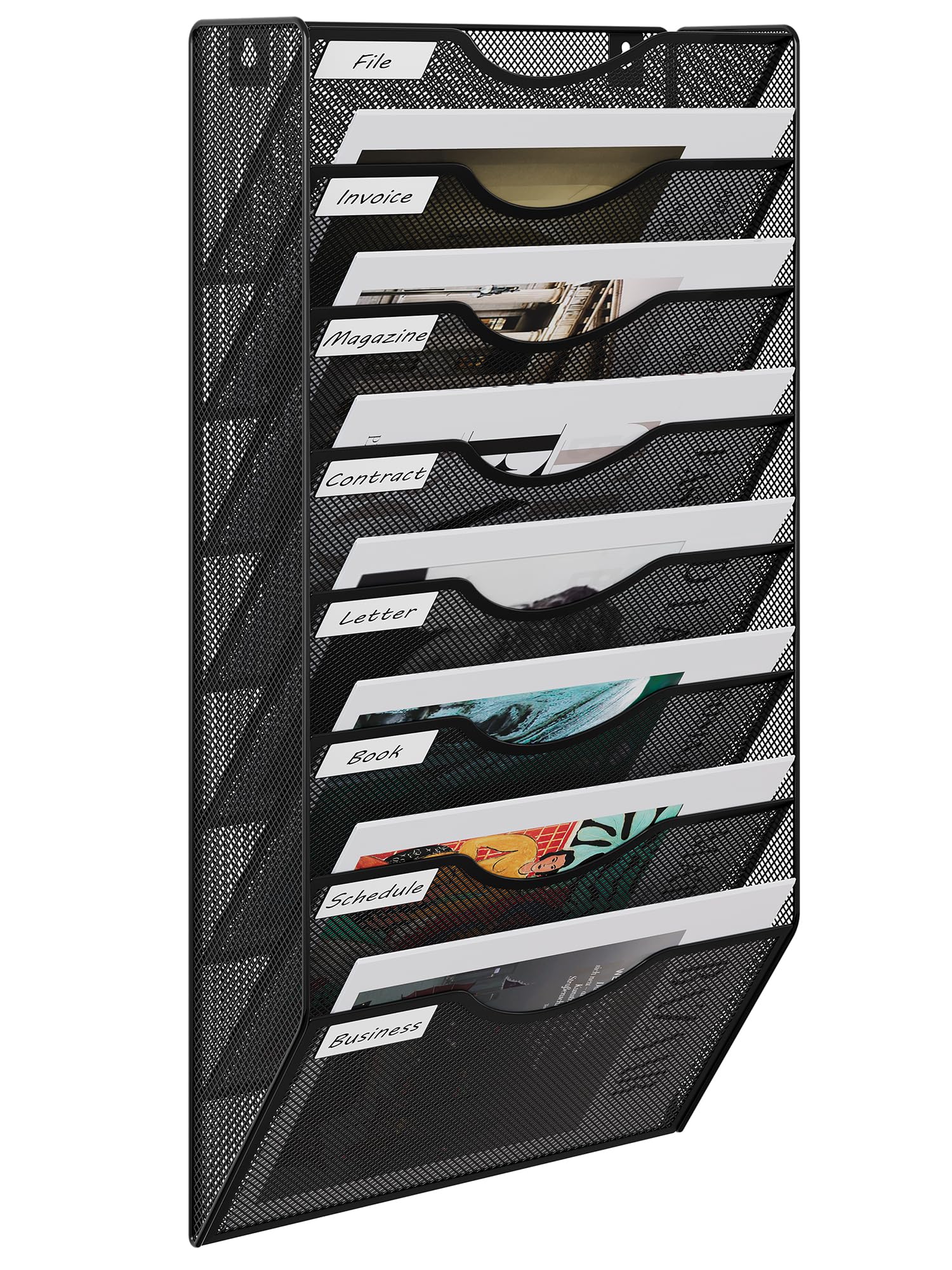EasyPAG Metal 8 Tier A4 Wall Mounted Document Holder,Hanging Wall File Organiser,Pigeon Holes Storage,Wall Pocket,Filing Tray,Magazine Rack for Office & Home,Black