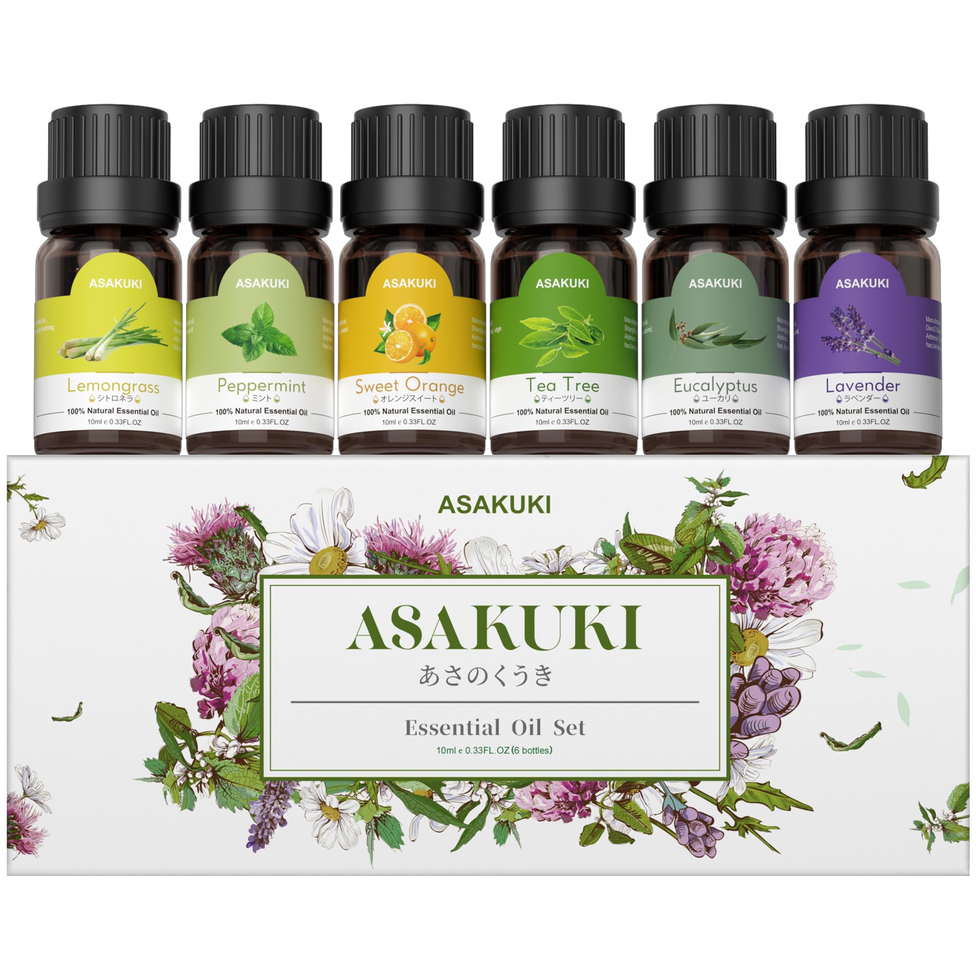 ASAKUKI Essential Oils for Diffusers for Home, Top6 Essential Oil Aromatherapy Gift Set 6 * 10 ml- Lavender, Eucalyptus, Lemongrass, Tea Tree, Sweet Orange, Peppermint
