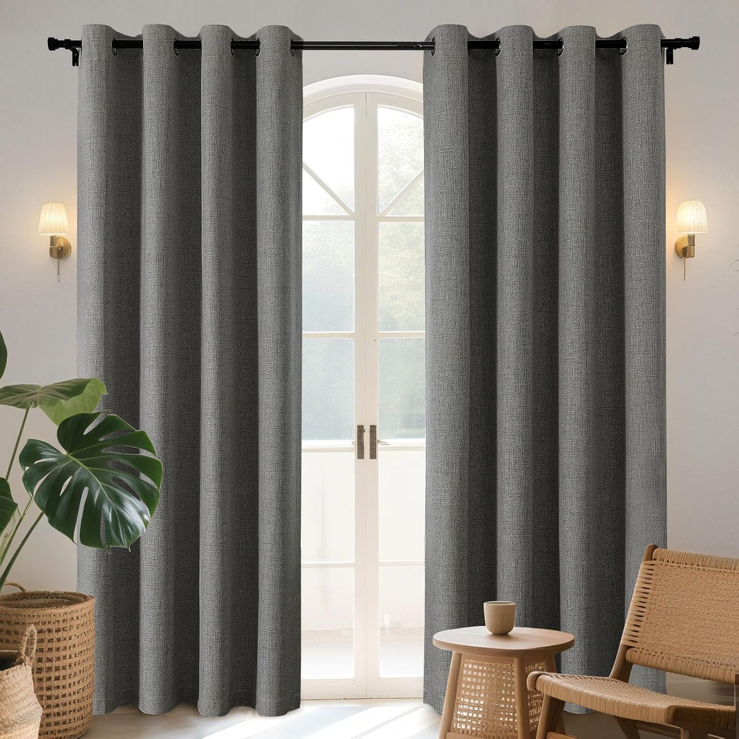 Joydeco 100% Blackout Lined Curtains Bedroom 94 Inch Drop, Faux Linen Textured Thermal Insulated Eyelet Curtains with Coating Back Layer for Living Room W55 x L94, Grey - 2 Panels