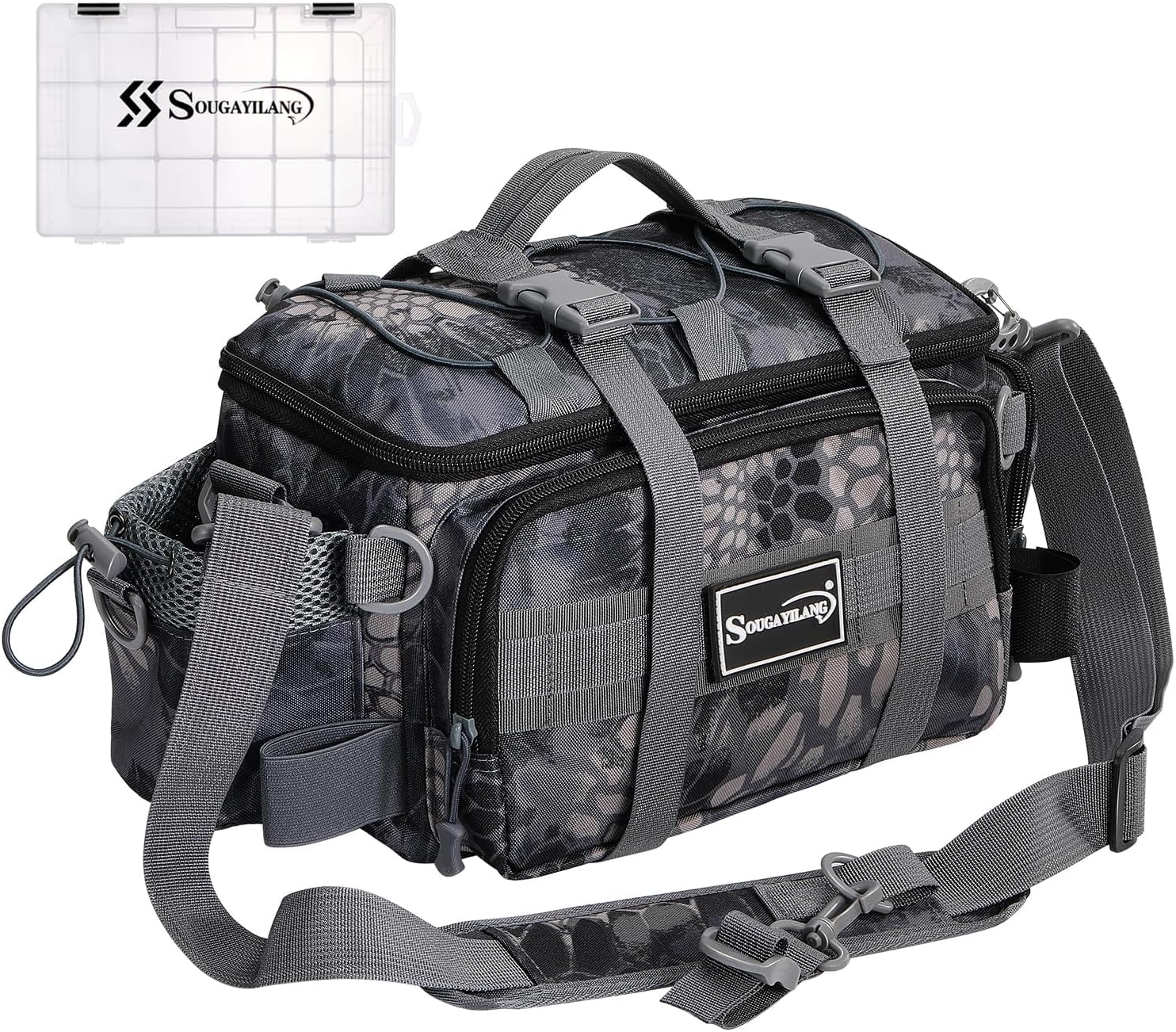 Sougayilang Fishing Tackle Bags with 3600 Tackle Tray - Fishing Tackle Storage Bags for Saltwater or Freshwater Fishing Gear - Padded Shoulder Strap - Tackle Box Bag Fishing Bag(Grey)