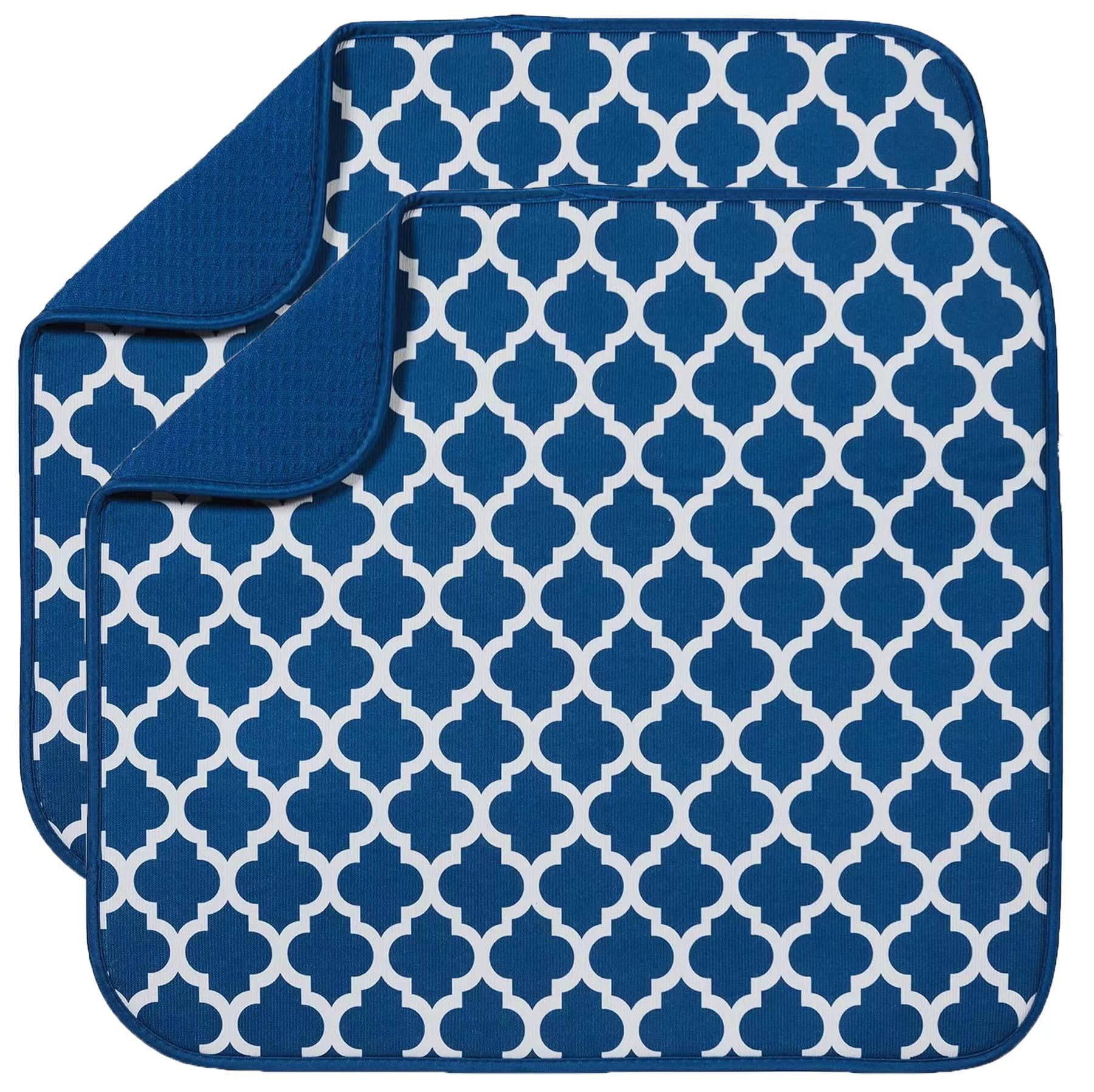 Microfibre Dish Drying Mats for Kitchen Super Absorbent Dish Drainer Mat for Kitchen Countertop Tabletop 40cm x 46 cm 2 Pack Blue Trellis