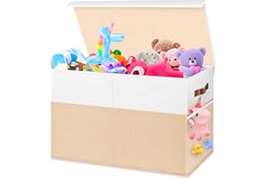 Mabahoo Large Toy Box, Collapsible Sturdy Storage Chest With Lids, Kids Toy Chest Storage Organizer Toddler Bin Boxes for Living Room, Bedroom, Nursery, 25"x13"x16", Beige & White