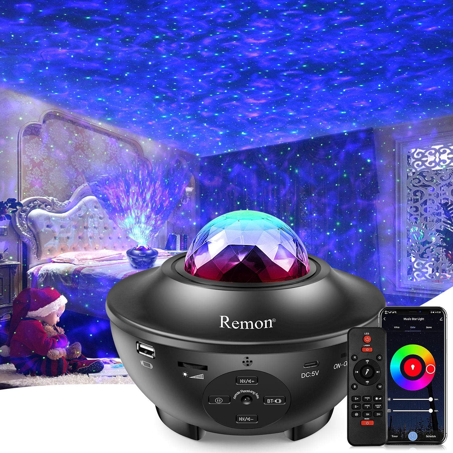 Remon Star Projector Galaxy Projector Smart Night Light Upgrade Version with Ocean Wave Projector Remote Control & Bluetooth Music Speaker, Works with Alexa Google Home, Music Starry Light.