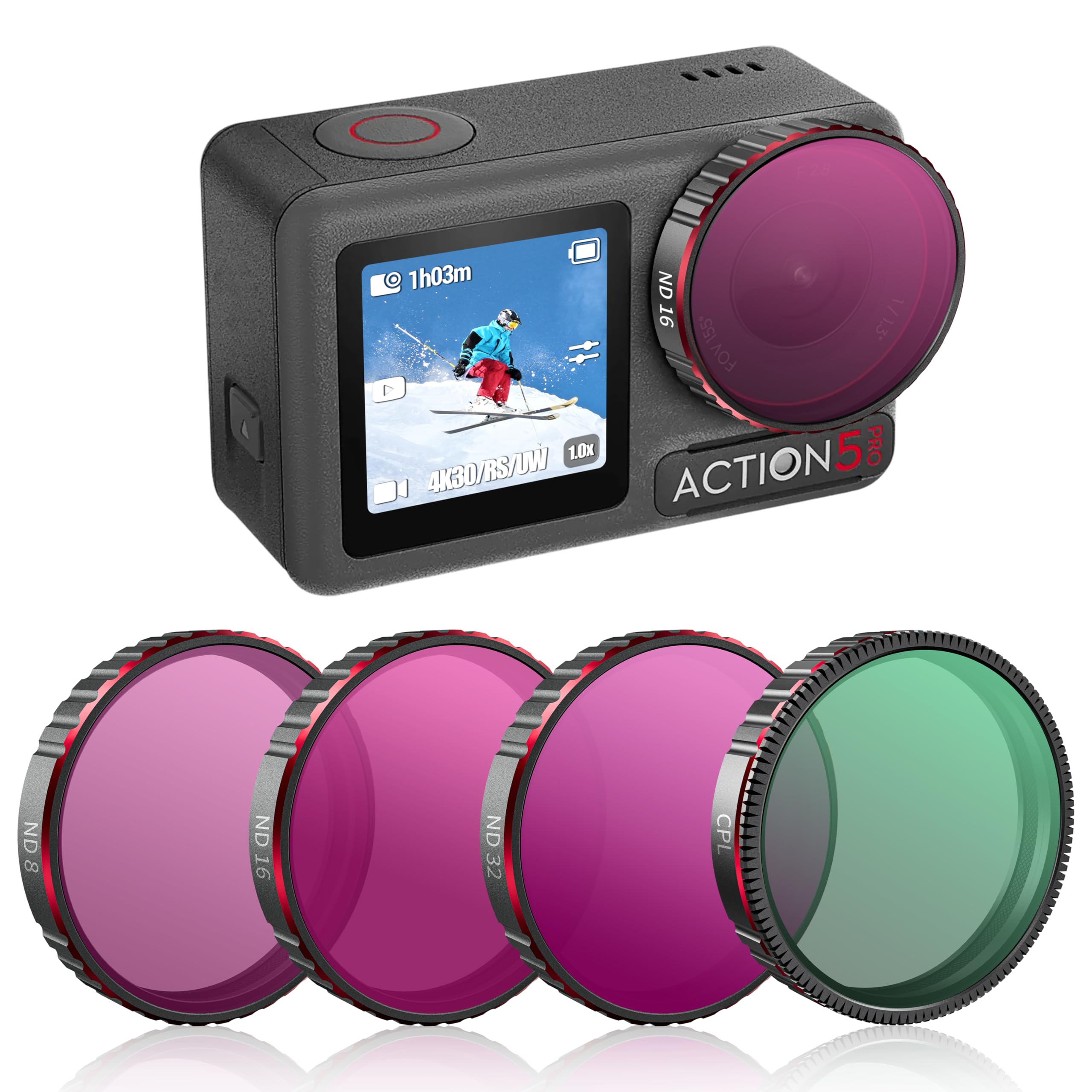 Action 5 Pro ND Filter Set for DJI Osmo Action 5/4/3 Tomat 4 Pack ND8 ND16 ND32 CPL Ultra Wide Angle Neutral Density Filter Accessories HD Optical Glass Aluminum Frame