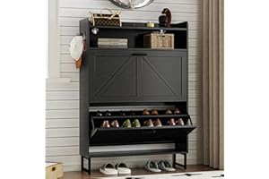 BORNOON Shoe Cabinet with 2 Flip Drawers Narrow Shoe Storage Cabinet Organizer Wooden Freestanding Rack Hidden Slim Storage for Entryway, Hallway, Living Room, Bedroom