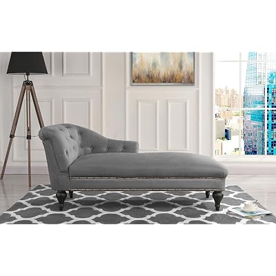 Chaise Lounge Indoor Chair Tufted Velvet Fabric, Modern Long Lounger for Office or Living Room Grey