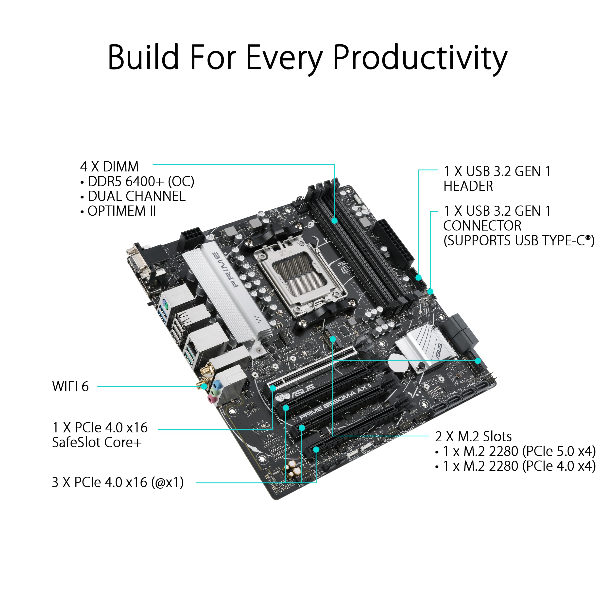 ASUS Prime B650M-A AX II AMD B650 AM5 Ryzen™ Desktop 9000 8000 & 7000 Micro-ATX mATX Motherboard, DDR5, PCIe 5.0 M.2, 2.5Gb LAN, Wi-Fi 6, DisplayPort, HDMI®, USB 3.2, USB 3.2 Type-C®, BIOS Flashback™
