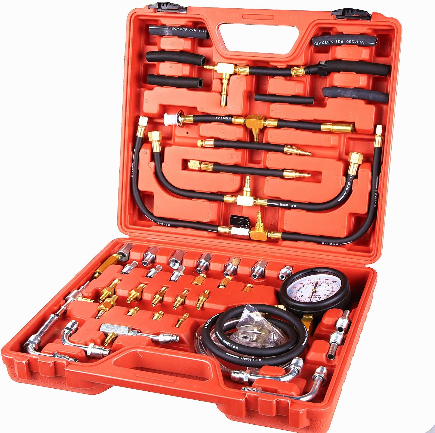 Detool Pro Fuel Pressure Gauge TU-443 Fuel Injection Pressure Tester Kit Gauge 0-140 PSI/ 10 bar Scale, Dual Dial for Accurate Reading (Master)