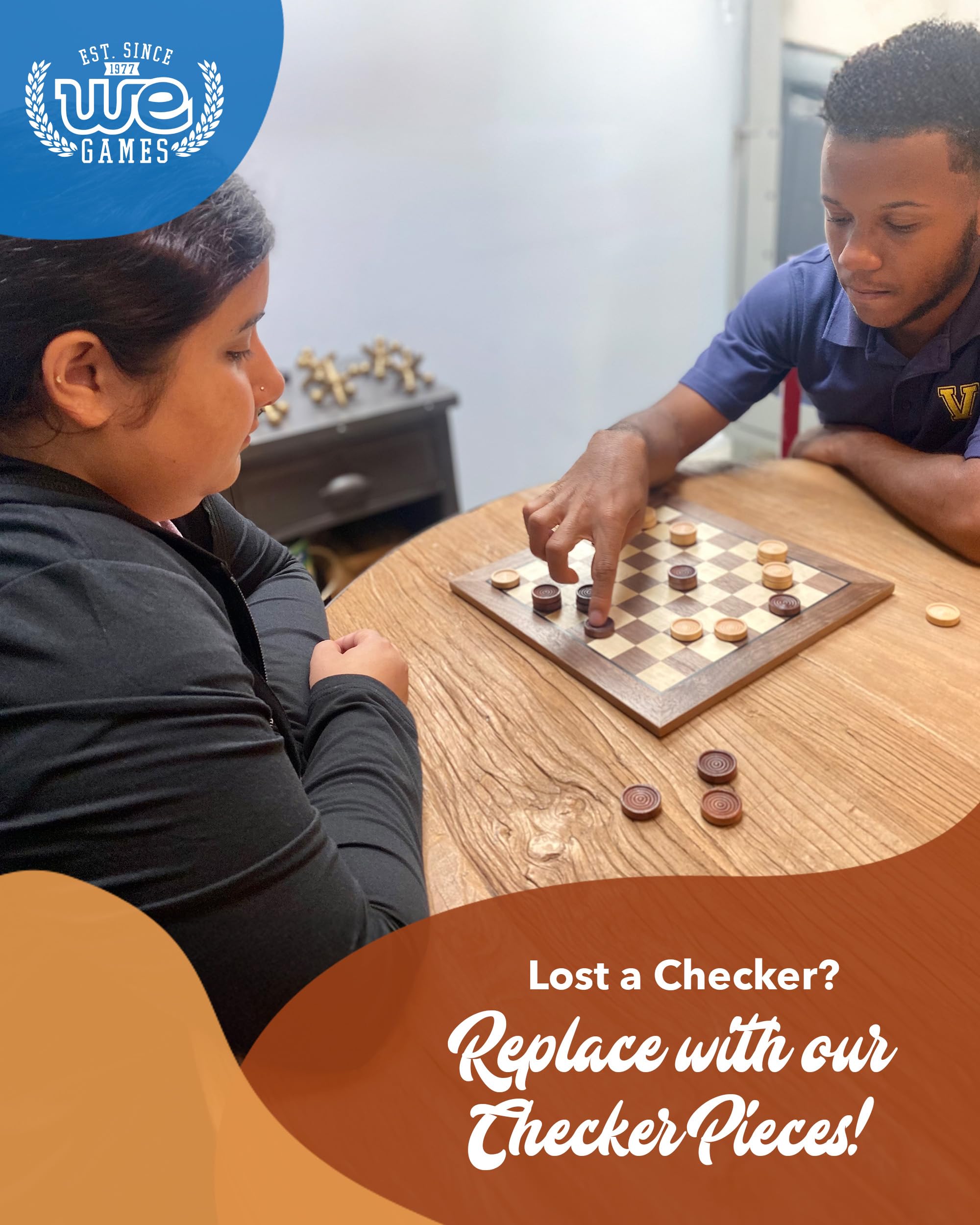 WE Games Wooden Checkers Pieces Only (1.06 inch), Checker Board Game & Backgammon Pieces, 24 Brown and Natural Stained Stackable Ridges with a Drawstring Storage Bag, Replacement Game Piece