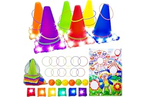 PUNIEAYI 33PCS 5 in 1 Carnival Outdoor Games for Kids Ages 4-8 8-12, LED Bean Bag Game Sets Sports and Outdoors Toys, LED Cones Family Games, Ring Toss Kids Games Outside Toys for Toddlers 1-3