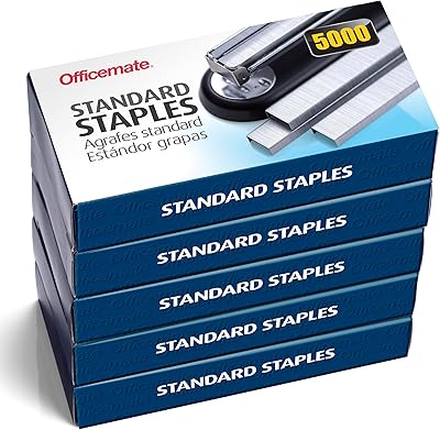 Officemate Standard Staples, 5 Boxes of 5,000 (25,000 Total), 1/4″ Full-Strip General Purpose Staples, Fits Standard Desktop and Office Staplers, 20-Sheet Capacity