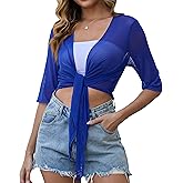 YuYukan Womens 3/4 Sleeve Shrug Sheer Mesh Cardigans Tie Front Cropped Lightweight Bolero Shawl Top for Casual Going Out