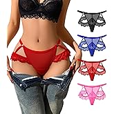 iesunny Sexy Thongs for Women Lace G-string Underwear Hollow Out Ladies Breathable Low Rise No Show T-Back Panties 4Pack