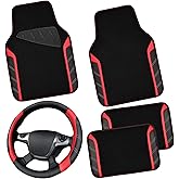 CAR PASS Leather Steering Wheel Cover and Waterproof Car Floor Mats,Microfiber Universal Car Combo Fit for 95% Sedan,SUV,Cars,14.5-15inch Sporty Anti-Slip Safety Comfortable Design(Black&Red)