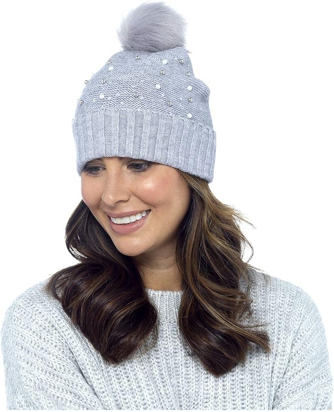 Foxbury Womens Grey Bobble Hat with Sparkling Silver Pearl Beads Fluffy Pompom Soft Warm Winter