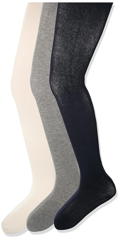 Amazon Essentials Girls' Stretchy Cotton Tights, 3 Pairs, Ivory/Grey/Navy, X-Small