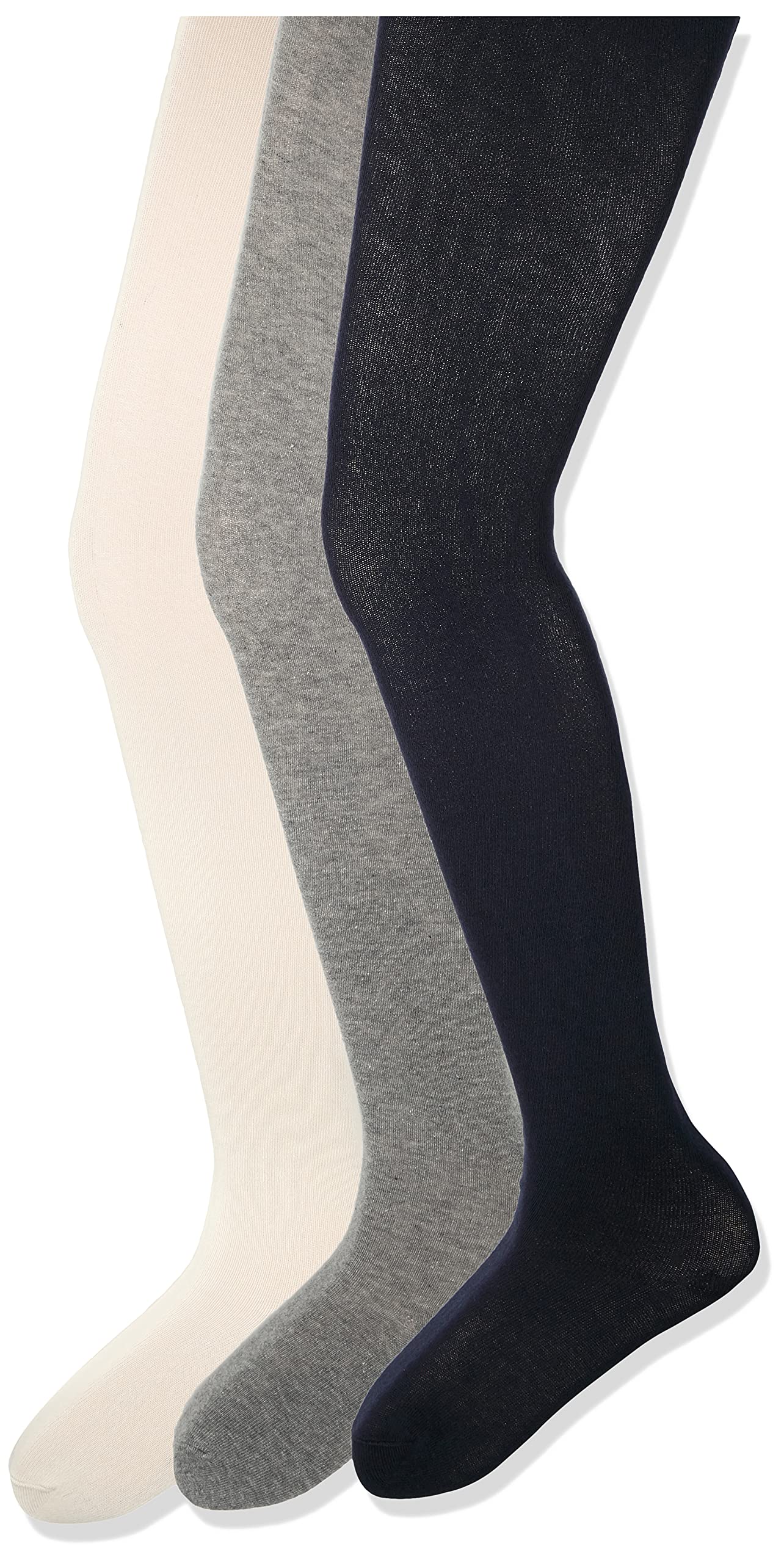 Photo 1 of Amazon Essentials Girls' Stretchy Cotton Tights, 3 Pairs, Ivory/Grey/Navy, Small