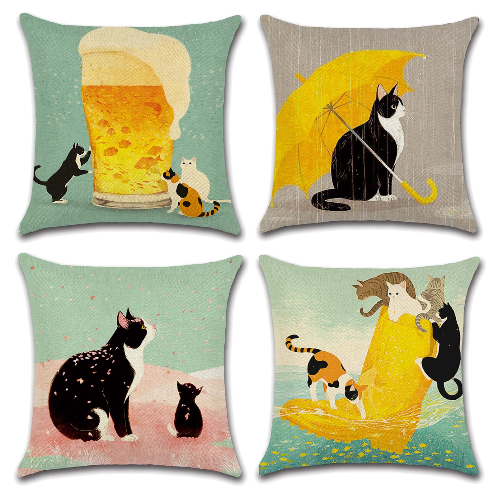 OCEUMACO Linen Cushion Covers 45 x 45 cm for Sofa Bedroom Set of 4 Square Kids Animal Print Throw Pillow Cases 18x18 Inches Outdoor Decorative Cat Pillowcases Cushions Cover Garden - Green