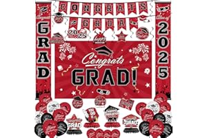 IPOOLTENG Graduation Decorations 2025 Set - Red Themed Congrats Grad Banner, Backdrop, Hanging Swirls, Porch Sign, Balloons - Complete Party Supplies for High School, College Graduation Decorations