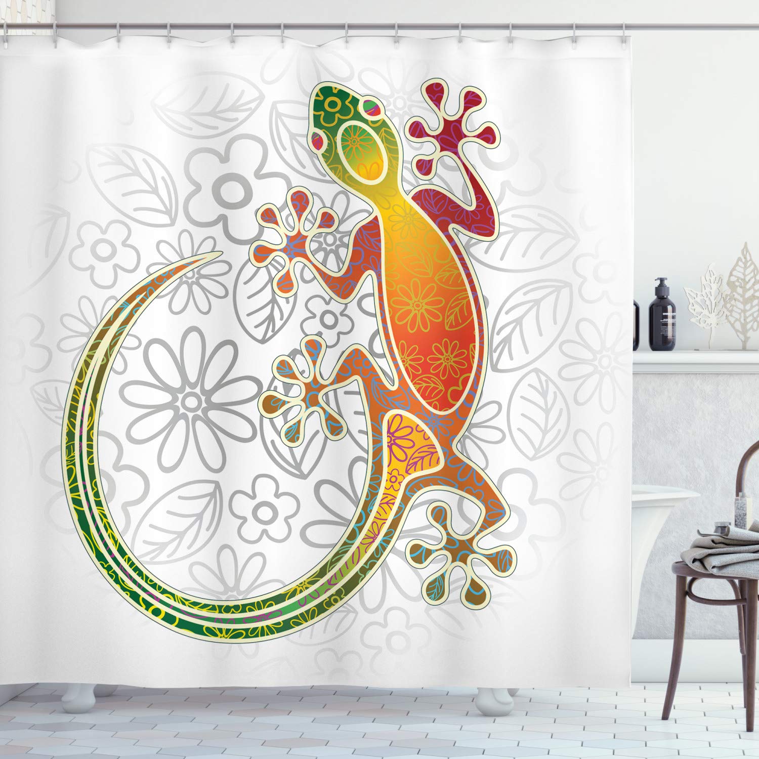 ABAKUHAUS Batik Shower Curtain, Native Southeast Common House Gecko Moon Lizard Tropical Monster Graphic Design, Cloth Fabric Bathroom Decor Set with Hooks, 86 Inches Extra Long, Multicolor
