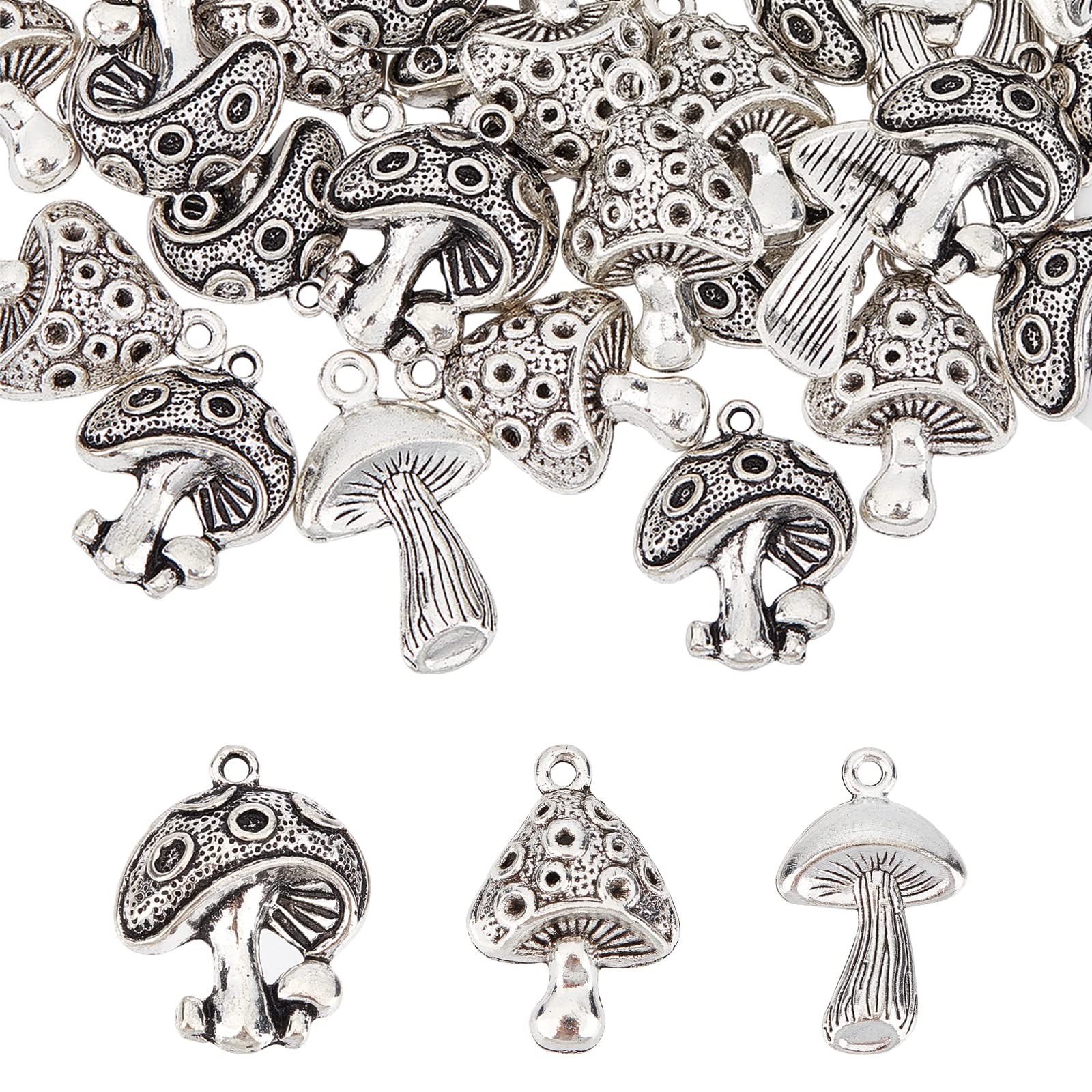 CHGCRAFT 60Pcs 3 Style que Silver Plated Mushroom Charms Tibetan Mushroom Charms Mushroom Alloy Pendants For DIY Necklace Bracelet Jewelry Making Accessory, que Silver