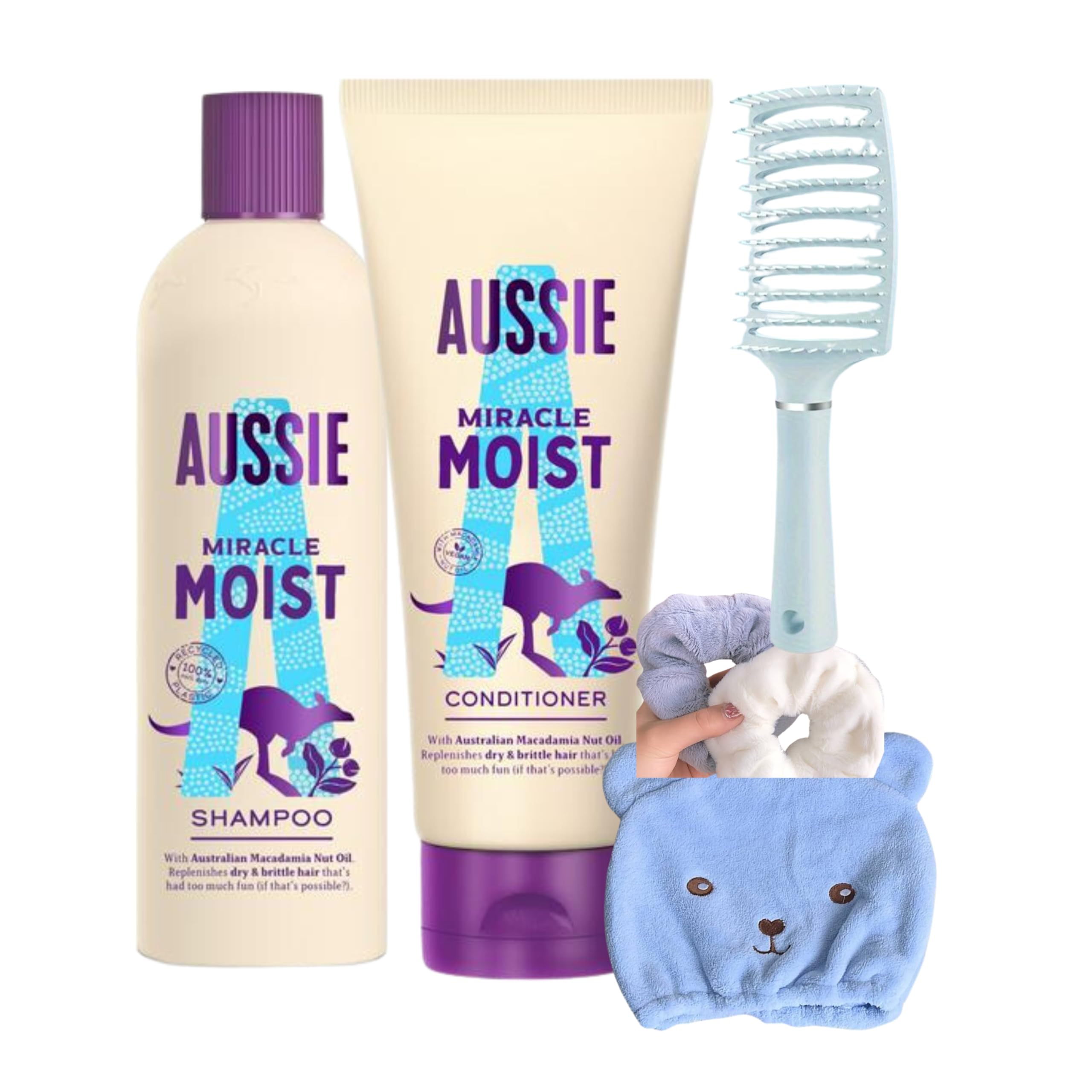 Dry Hair Vegan Shampoo and Conditioner Set Bundled with Aussie Miracle Moist Shampoo & Conditioner with Macadamia Nut Oil, Detangling Brush, Scrunchies & Hair Drying Cap