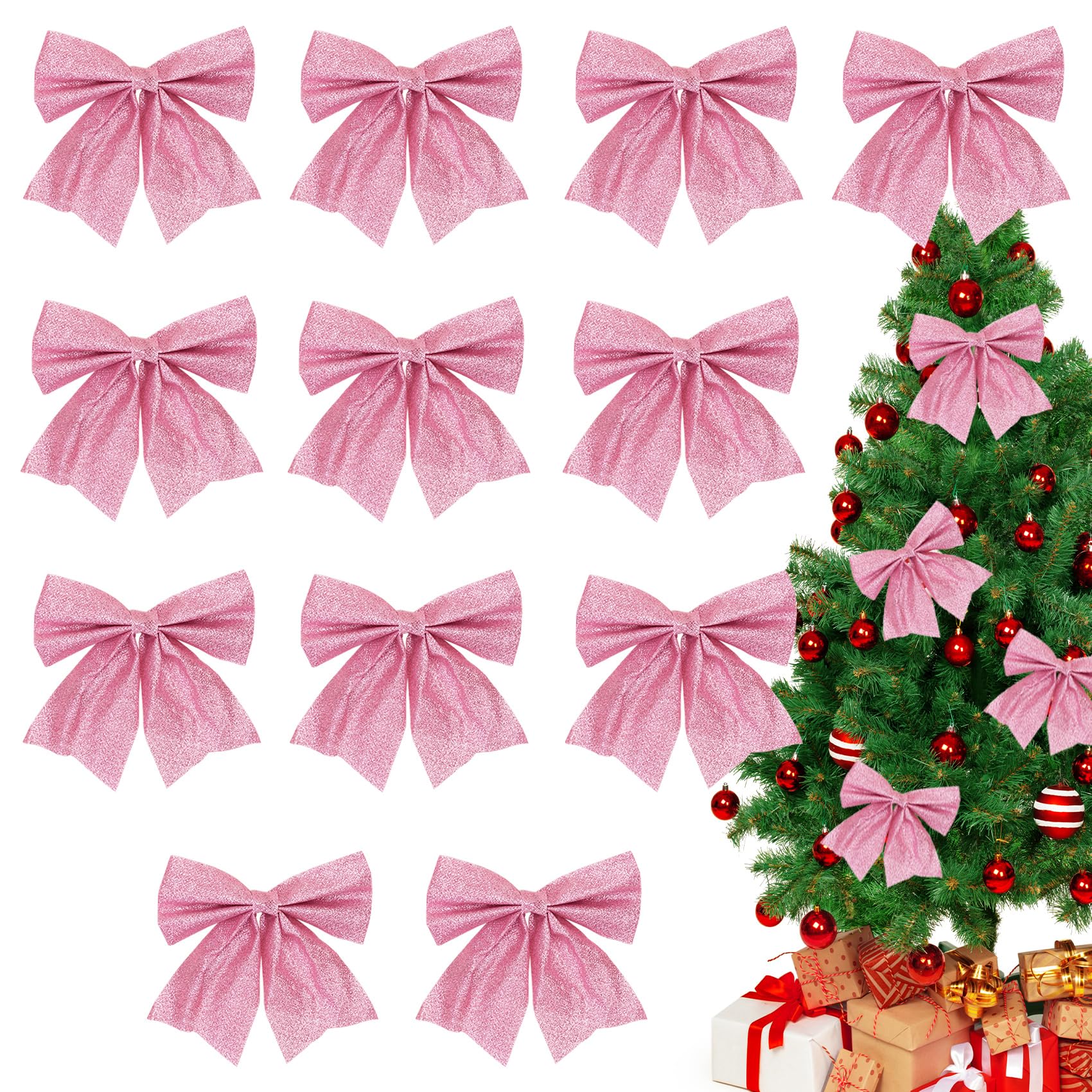 12pcs Pink Christmas Bows for Tree Decor, 15CM Decorative Xmas Ornaments, Wreath Decorations