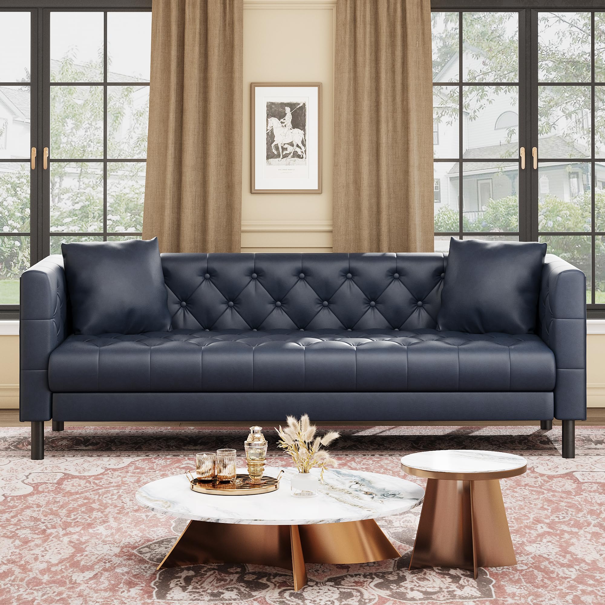Photo 1 of ***PARTIAL SET*** GAOMON 81" Leather Couch, Handmade Button Tufted 3 Seater Sofa, Chesterfield Sofa with Deep Seat and 2 Pillows, Leather Sofa for Living Room Apartment, Office, Blue