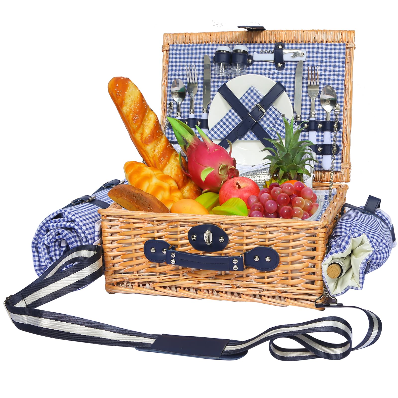 Photo 1 of HYBDAMAI Picnic Basket for 2 with Waterproof Blanket and Wine Pouch, Insulated Wicker Picnic Basket Set, Large Willow Hamper for Outdoor, Beach, Camping, Couples, Wedding Gift, Blue