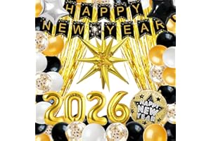 YOIDSAN 2026 New Years Eve Party Supplies Kit - New Years Decorations with Banner, Gold Star Balloons, Fringe Curtains, White Black Gold Balloons for NYE Photo Booth & Home Decor