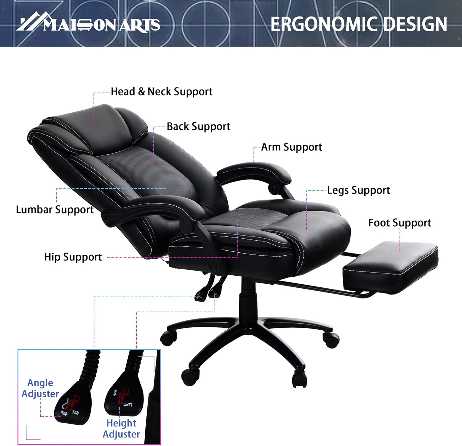 MAISON ARTS Big and Tall Bonded Leather Reclining Office Chair Task Chair, 400lb High Back Executive Massage Computer Desk Chair with Retractable Footrest and Metal Base for Home Office: Kitchen & Dining