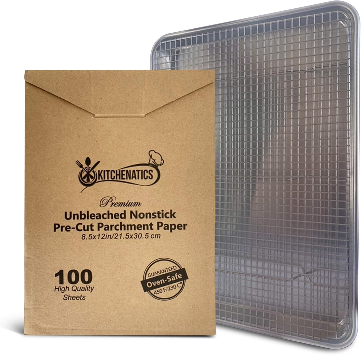 KITCHENATICS Small Baking Pan & Cooling Rack with 100 Sheets of Pre-Cut Parchment Paper, Quarter Size Aluminum Baking Pan & Stainless Steel Rack Set, Set for Oven & Grill, Non-Toxic, 9.6" x 13" x 1": Kitchen & Dining