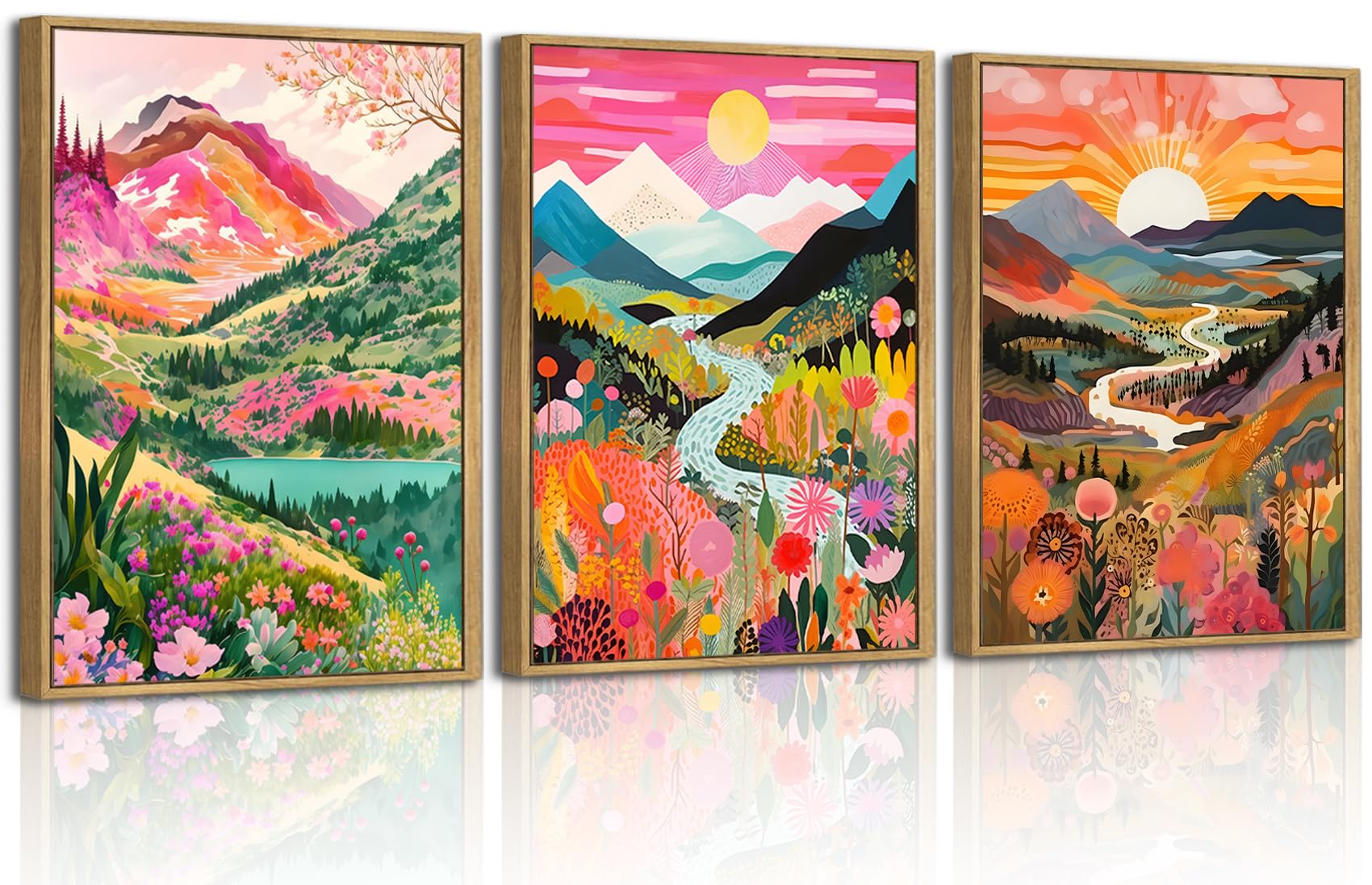 Photo 1 of 3Pcs Framed Canvas Colorful Watercolor Mountain Wall Art Boho Floral Painting Picture Wall Decor Abstract Nature Landscape Poster Print Artwork for Living Room Bedroom Bathroom Office Home Decoration